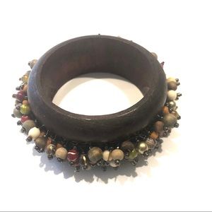 Brown Wooden Beaded Statement Bangle Bracelet